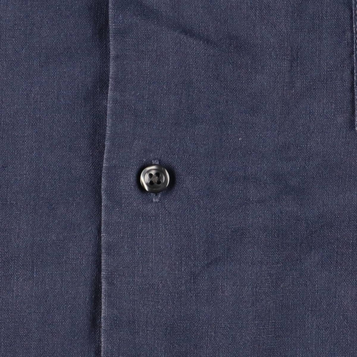 90'S LANDS'END Short Sleeve Open Collar Mexican/Cuban Shirt, Men's Size L linen navy blue type Vintage Second Hand