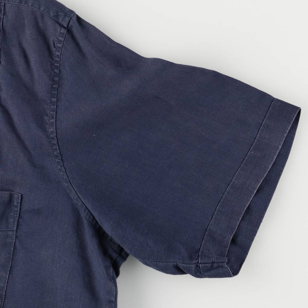 90'S LANDS'END Short Sleeve Open Collar Mexican/Cuban Shirt, Men's Size L linen navy blue type Vintage Second Hand