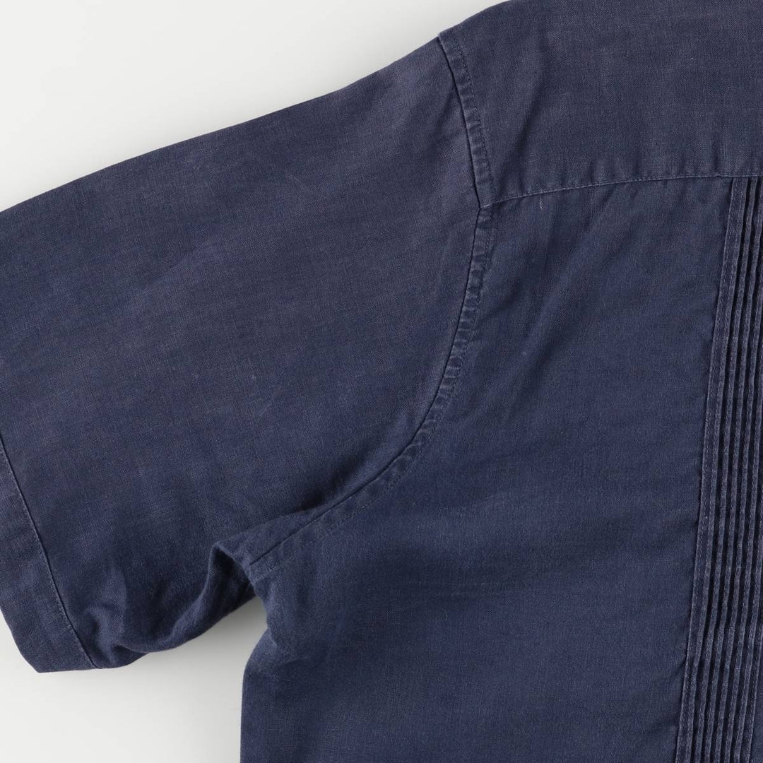 90'S LANDS'END Short Sleeve Open Collar Mexican/Cuban Shirt, Men's Size L linen navy blue type Vintage Second Hand