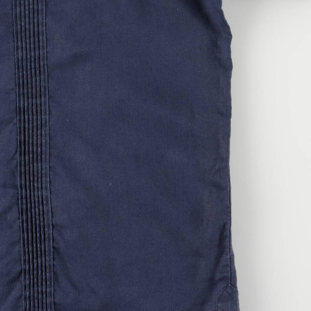 90'S LANDS'END Short Sleeve Open Collar Mexican/Cuban Shirt, Men's Size L linen navy blue type Vintage Second Hand