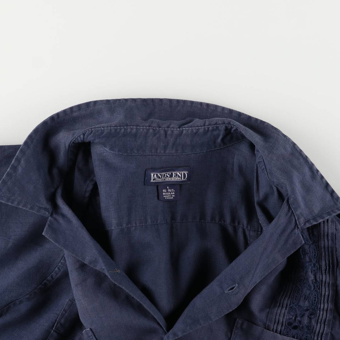 90'S LANDS'END Short Sleeve Open Collar Mexican/Cuban Shirt, Men's Size L linen navy blue type Vintage Second Hand