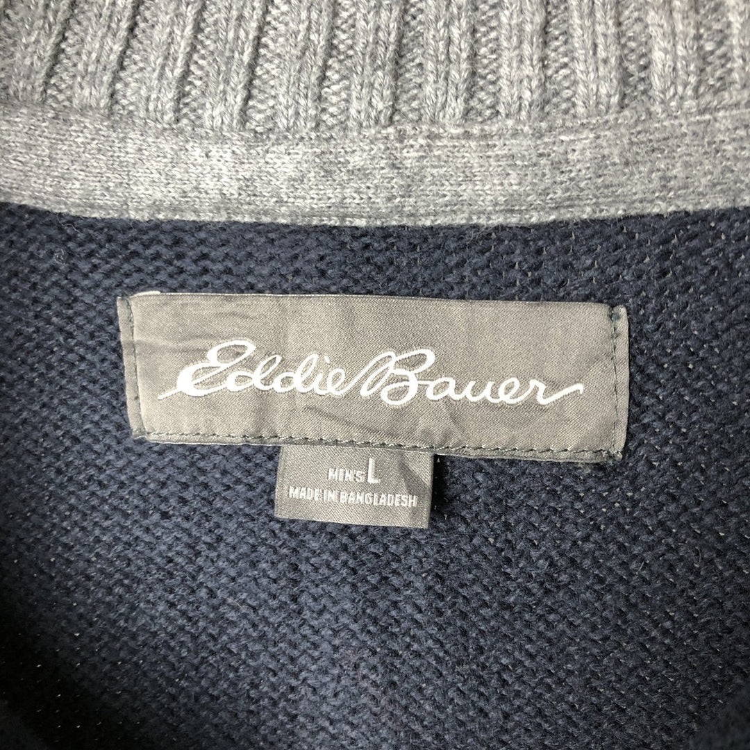 Eddie Bauer Cotton Knit Half-Zip Sweater, Men's Size L cotton navy blue type Vintage Second Hand