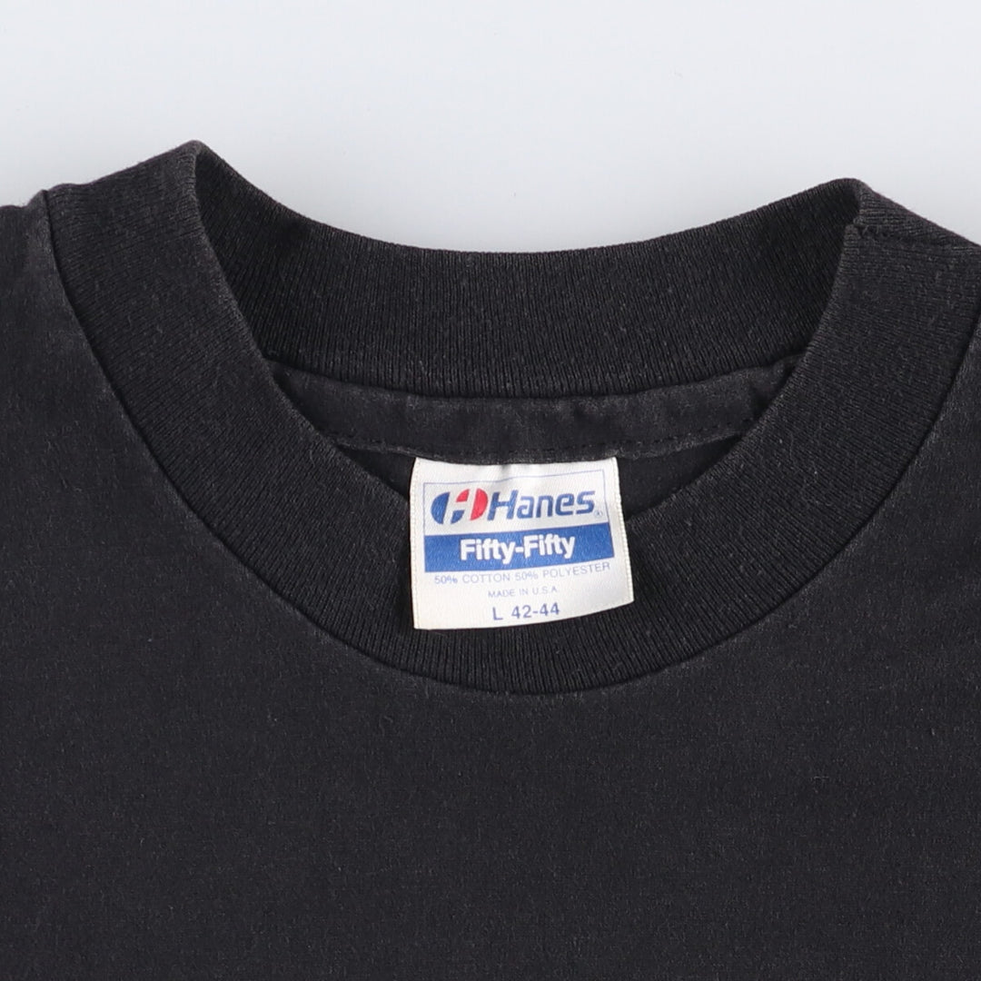 80'S Hanes Fifty-Fifty Blue Tag Printed T-Shirt Made in USA Men's L Size Vintage cotton black type Vintage Second Hand
