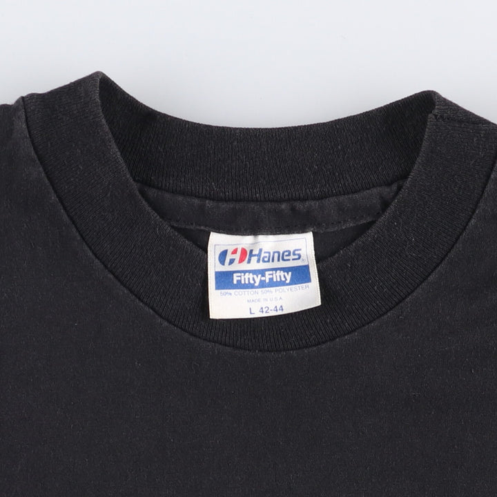 80'S Hanes Fifty-Fifty Blue Tag Printed T-Shirt Made in USA Men's L Size Vintage cotton black type Vintage Second Hand
