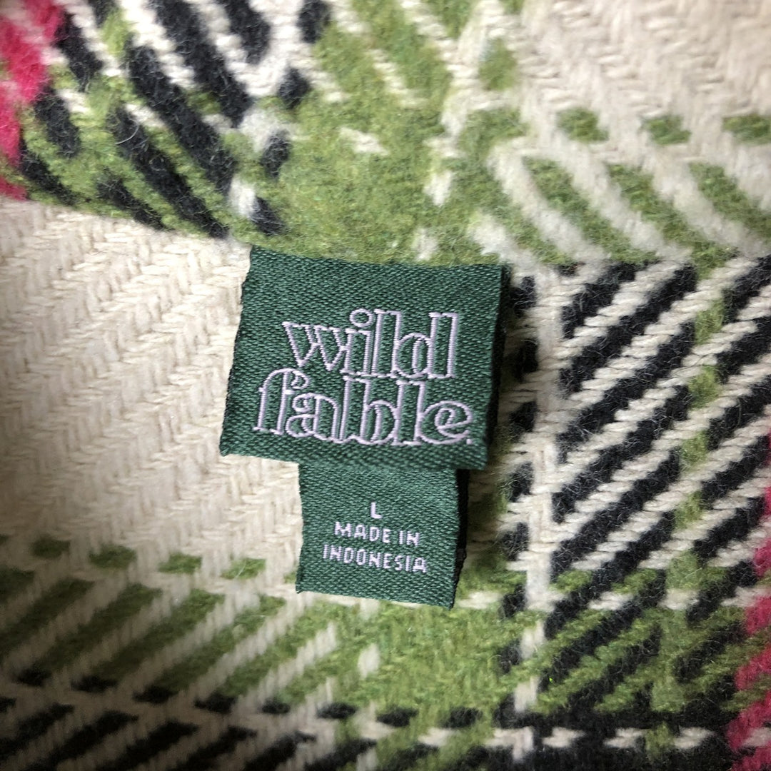 wild fable ombre check long sleeve heavy flannel check shirt, men's size L polyester ivory Vintage Second Hand