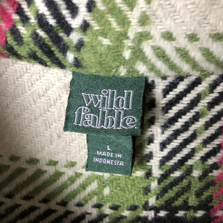 wild fable ombre check long sleeve heavy flannel check shirt, men's size L polyester ivory Vintage Second Hand