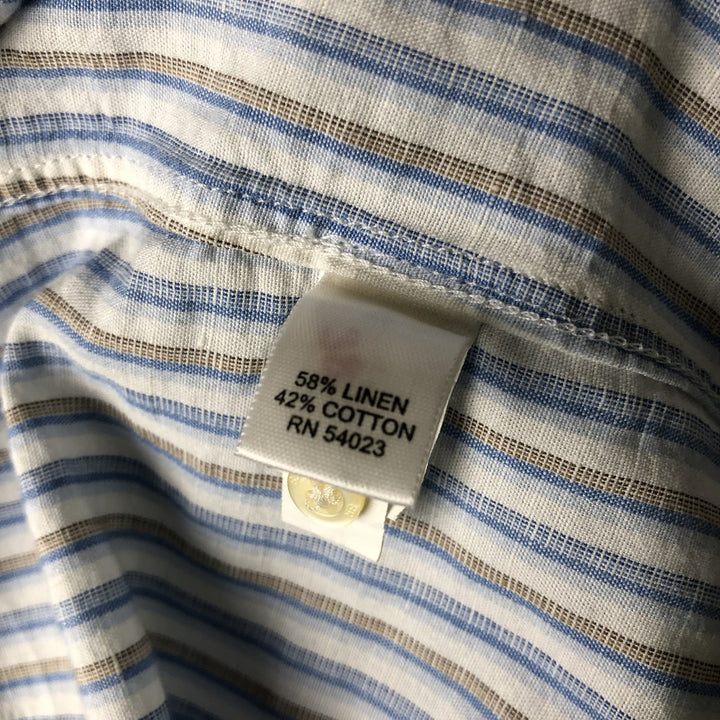 2000'S Banana Republic Wide Collar Stripe Pattern Long Sleeve Linen Shirt, Men's Size L linen Blue type light blue Vintage Second Hand