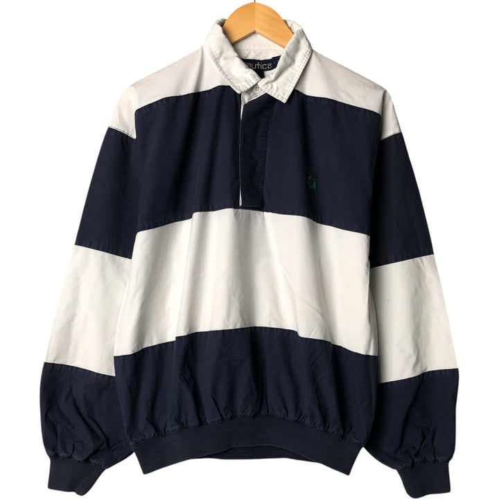 Vintage 90'S Nautica striped pattern half-button collared warm-up pullover, men's size L cotton navy blue type Vintage Second Hand