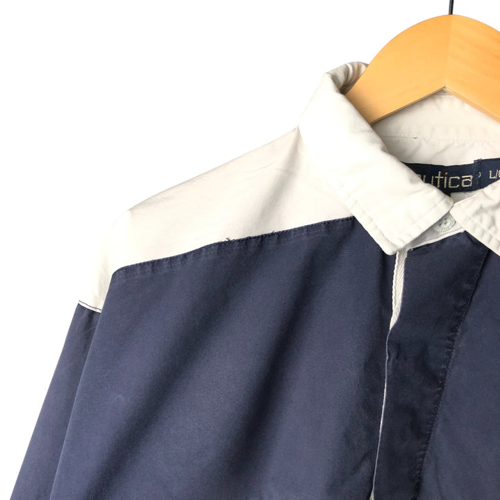 Vintage 90'S Nautica striped pattern half-button collared warm-up pullover, men's size L cotton navy blue type Vintage Second Hand
