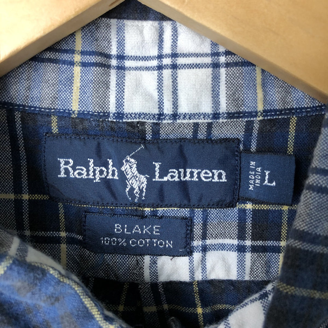 Ralph Lauren BLAKE short sleeve button down check shirt, men's size L cotton navy blue type Vintage Second Hand
