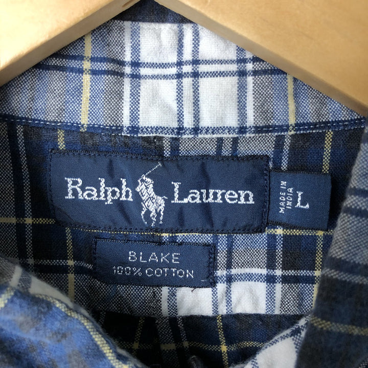 Ralph Lauren BLAKE short sleeve button down check shirt, men's size L cotton navy blue type Vintage Second Hand