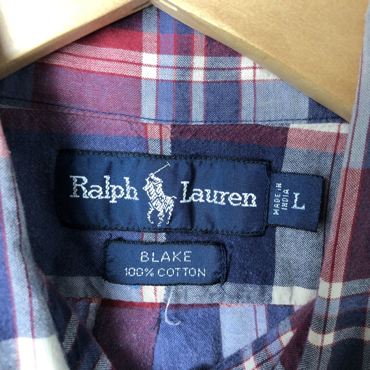 Ralph Lauren BLAKE short sleeve button down check shirt, men's size L cotton blue type Vintage Second Hand