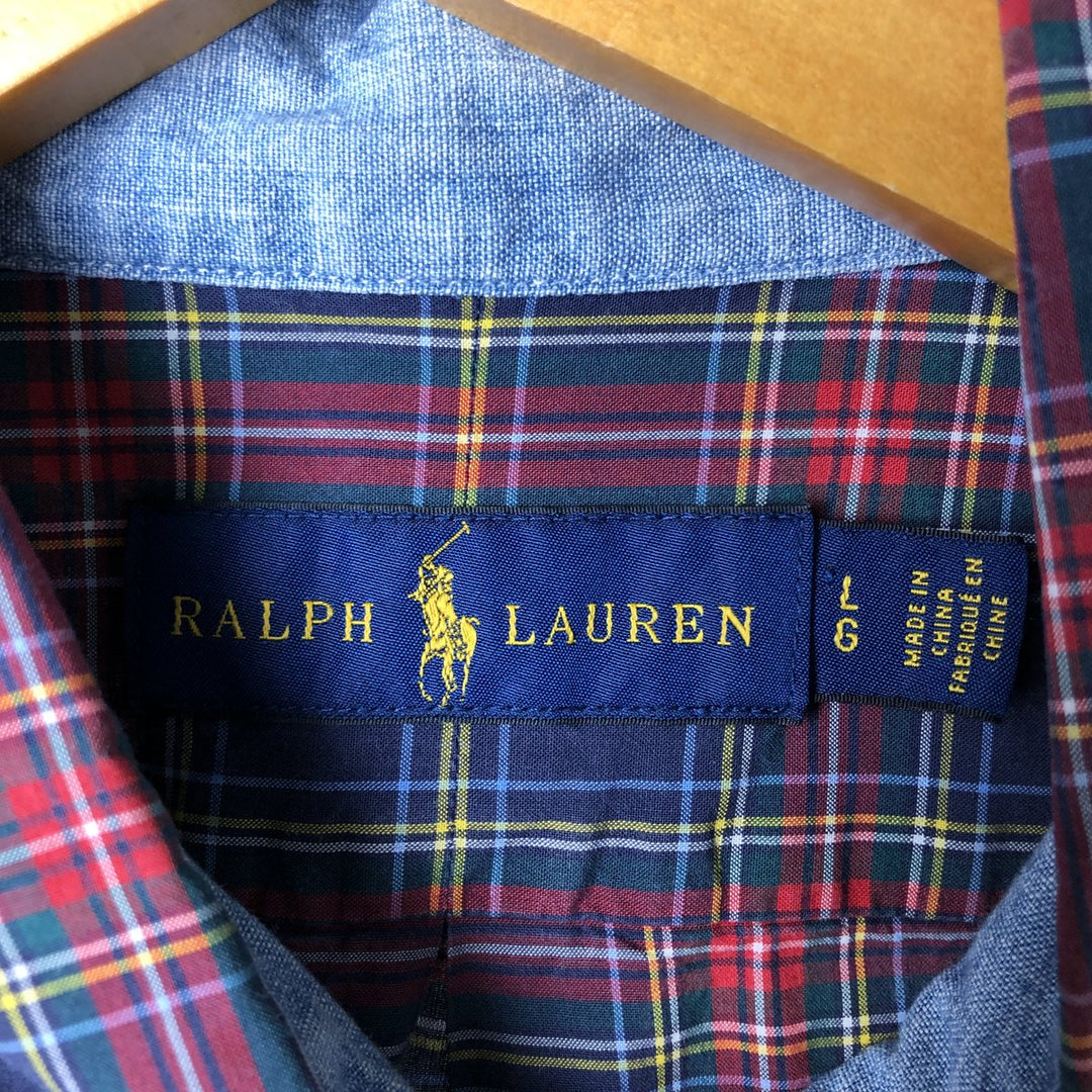 Ralph Lauren short sleeve button down check shirt, men's size L cotton blue type Vintage Second Hand