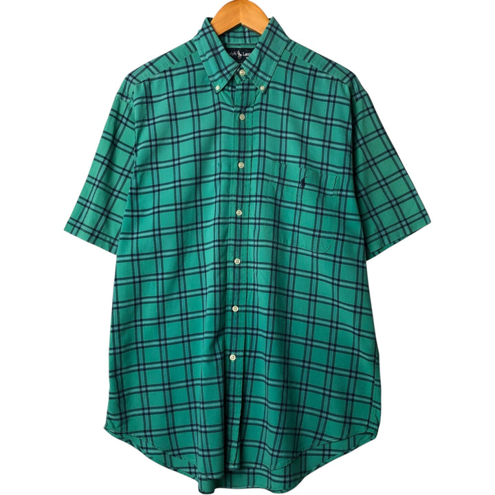 Ralph Lauren BLAIRE short sleeve button down check shirt, men's size M cotton Emerald green Vintage Second Hand