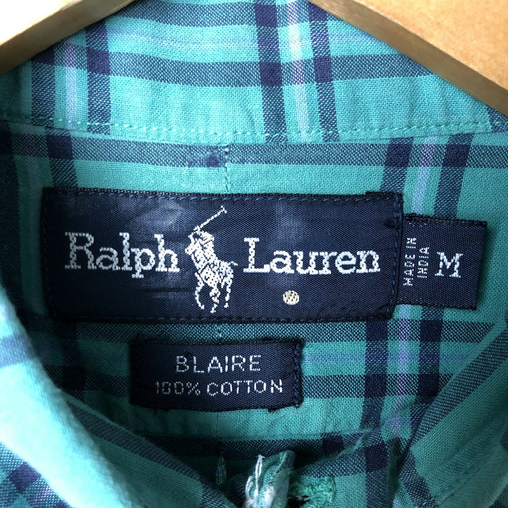 Ralph Lauren BLAIRE short sleeve button down check shirt, men's size M cotton Emerald green Vintage Second Hand
