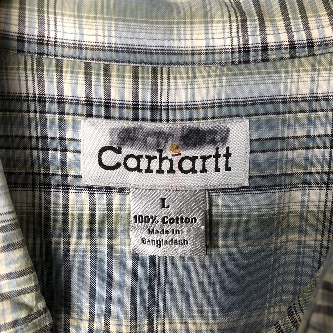 Carhartt Check Pattern Button-down Short Sleeve Work Shirt, Men's Size L cotton blue type Vintage Second Hand