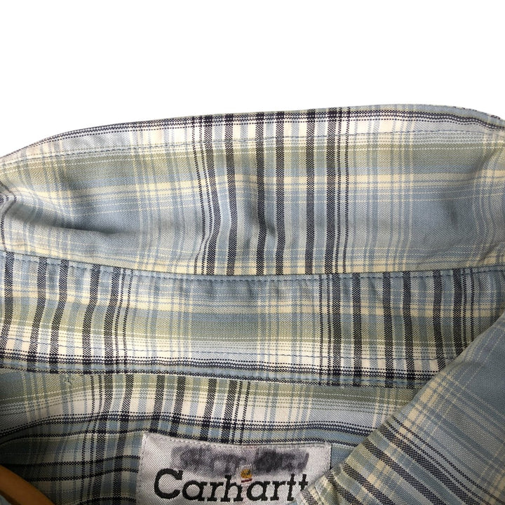 Carhartt Check Pattern Button-down Short Sleeve Work Shirt, Men's Size L cotton blue type Vintage Second Hand