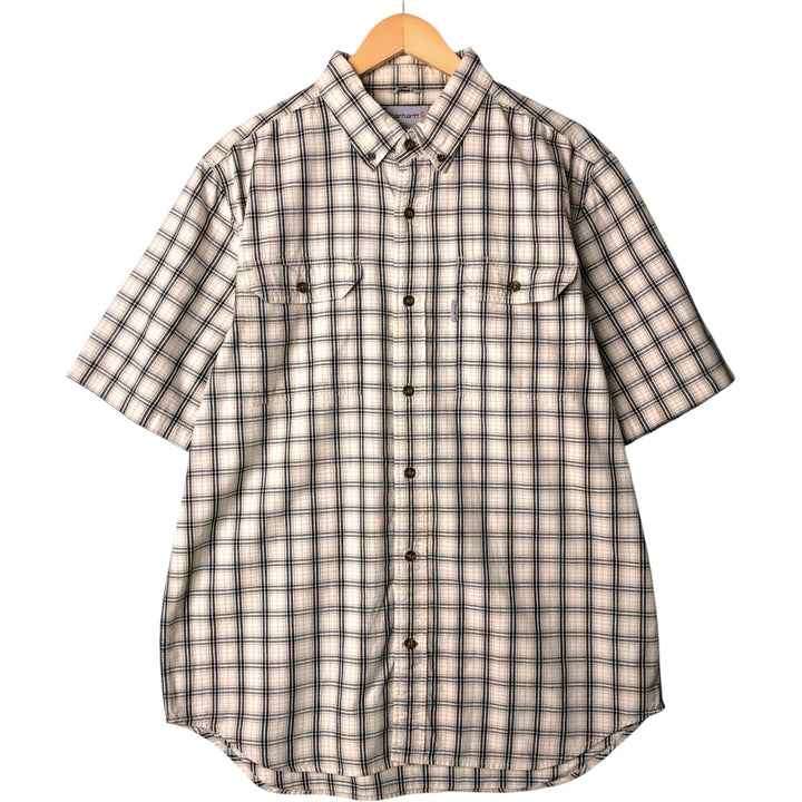 Carhartt RELAXED FIT Check Pattern Button-down Short Sleeve Work Shirt, Men's L size cotton Beige type Vintage Second Hand