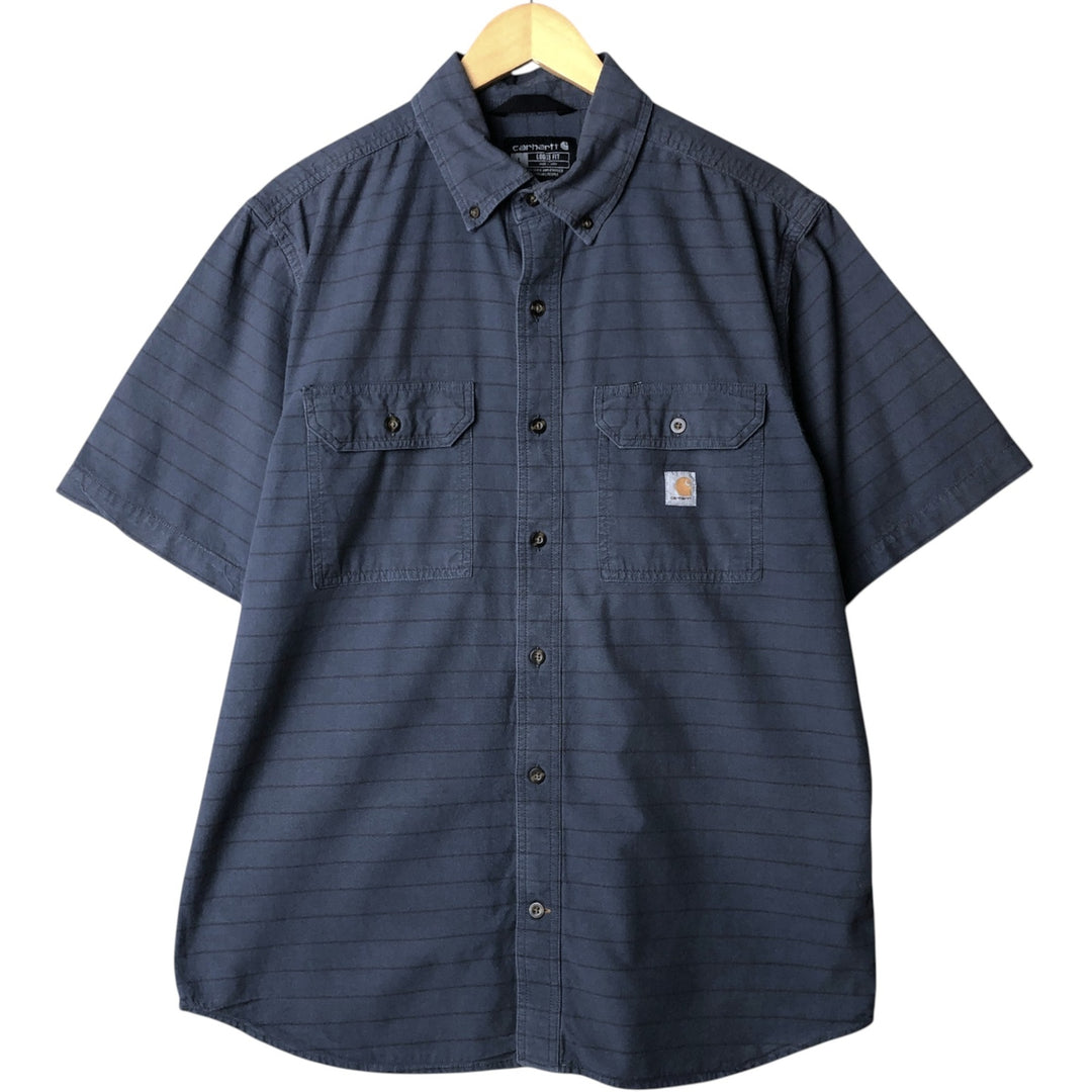 Carhartt Loose Fit Striped Button-Down Short Sleeve Work Shirt, Men's Size L cotton navy blue type Vintage Second Hand