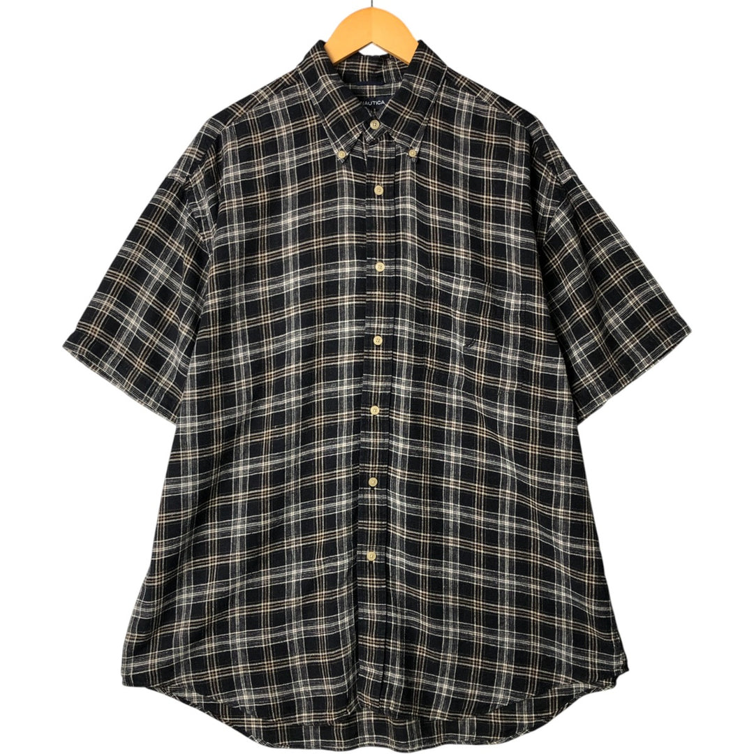 2000'S Nautica Tartan Check Short Sleeve Tencel and Linen Button-Down Shirt, Men's Size XL linen black type Vintage Second Hand