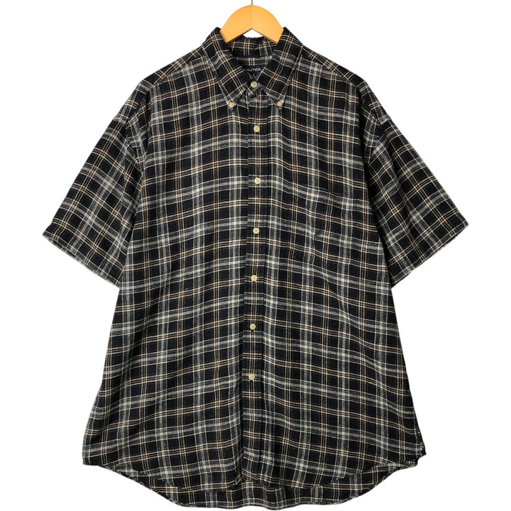 2000'S Nautica Tartan Check Short Sleeve Tencel and Linen Button-Down Shirt, Men's Size XL linen black type Vintage Second Hand