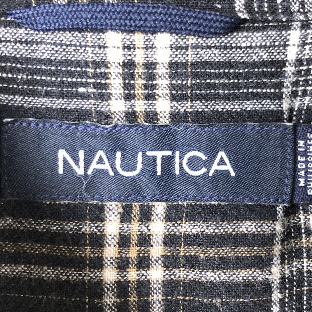 2000'S Nautica Tartan Check Short Sleeve Tencel and Linen Button-Down Shirt, Men's Size XL linen black type Vintage Second Hand