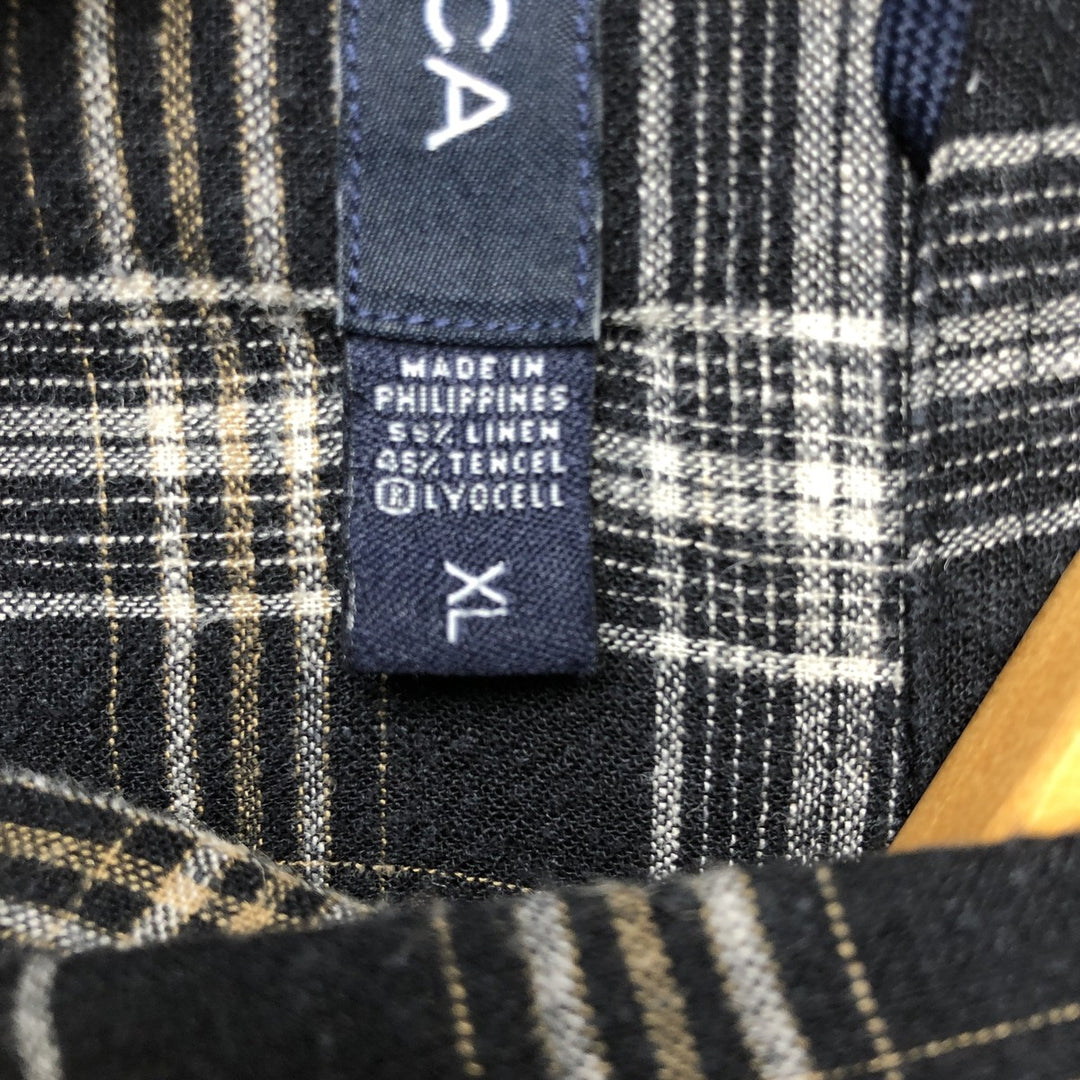 2000'S Nautica Tartan Check Short Sleeve Tencel and Linen Button-Down Shirt, Men's Size XL linen black type Vintage Second Hand