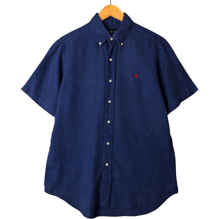Ralph Lauren short sleeve linen button down shirt, men's size M linen Navy blue Vintage Second Hand