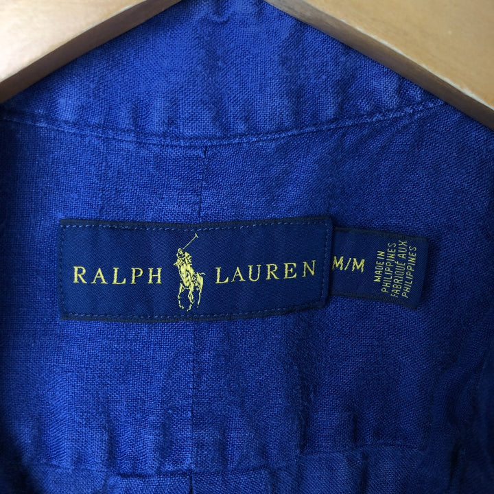 Ralph Lauren short sleeve linen button down shirt, men's size M linen Navy blue Vintage Second Hand