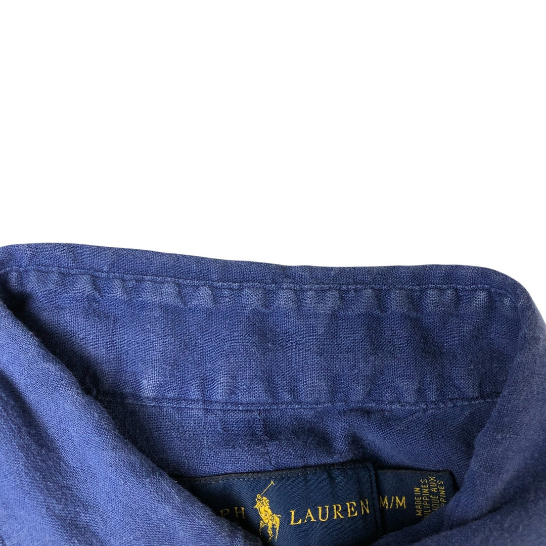 Ralph Lauren short sleeve linen button down shirt, men's size M linen Navy blue Vintage Second Hand