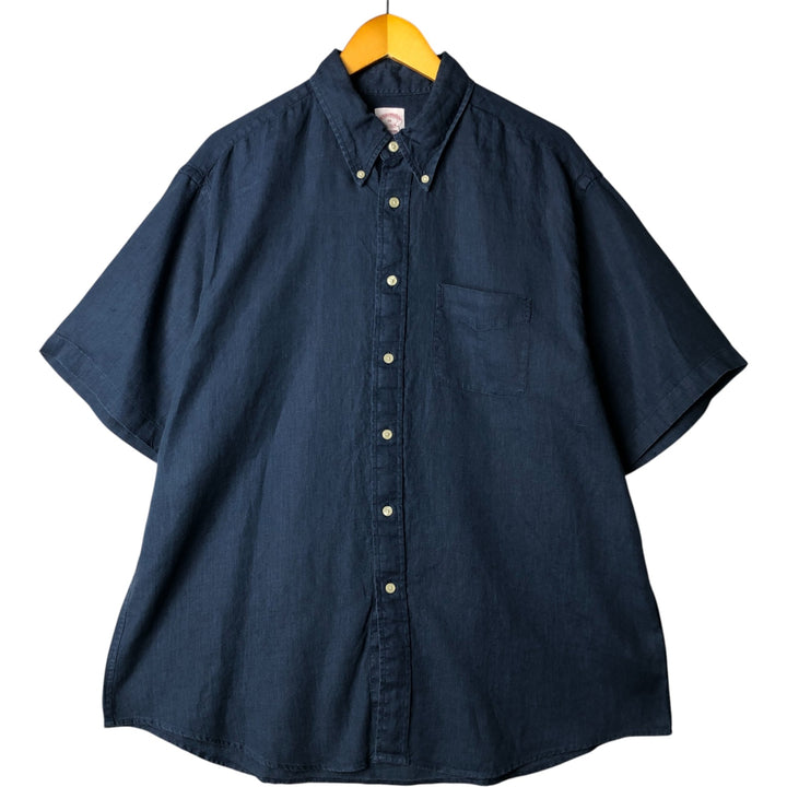 Brooks Brothers Est.1818 short sleeve linen button down shirt, men's size XL linen navy blue type Vintage Second Hand