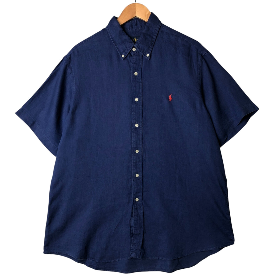 Ralph Lauren short sleeve linen button down shirt, men's size XL linen Navy blue Vintage Second Hand