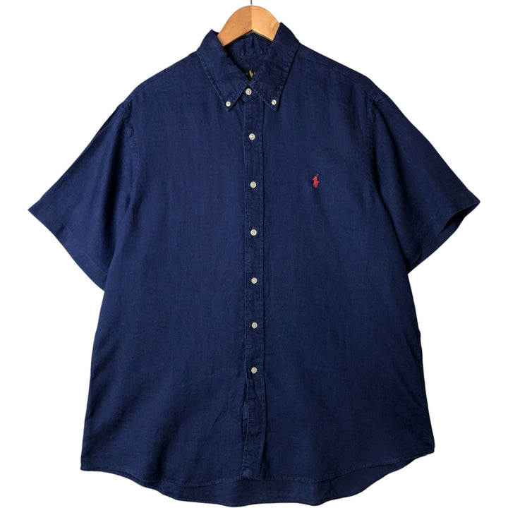 Ralph Lauren short sleeve linen button down shirt, men's size XL linen Navy blue Vintage Second Hand