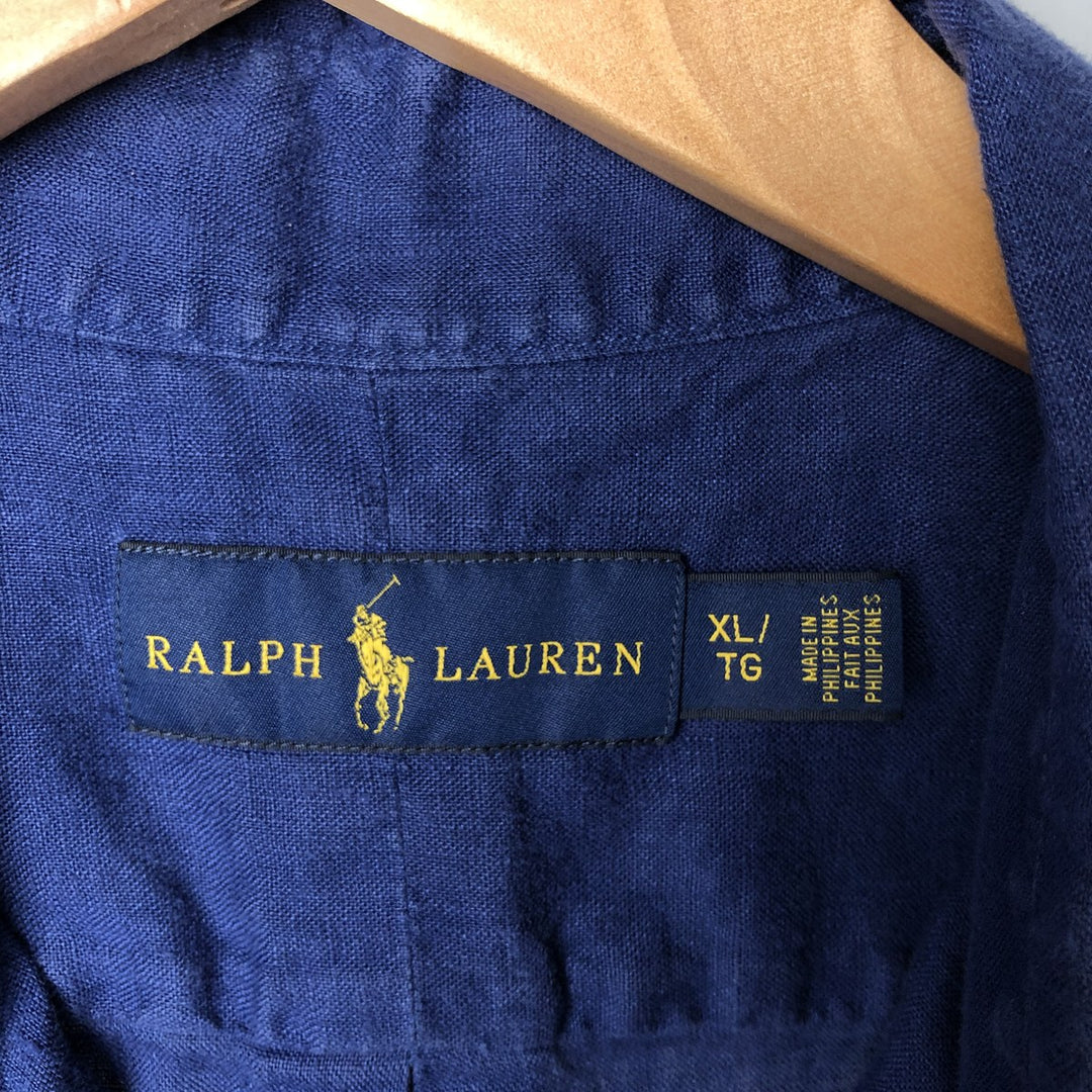 Ralph Lauren short sleeve linen button down shirt, men's size XL linen Navy blue Vintage Second Hand
