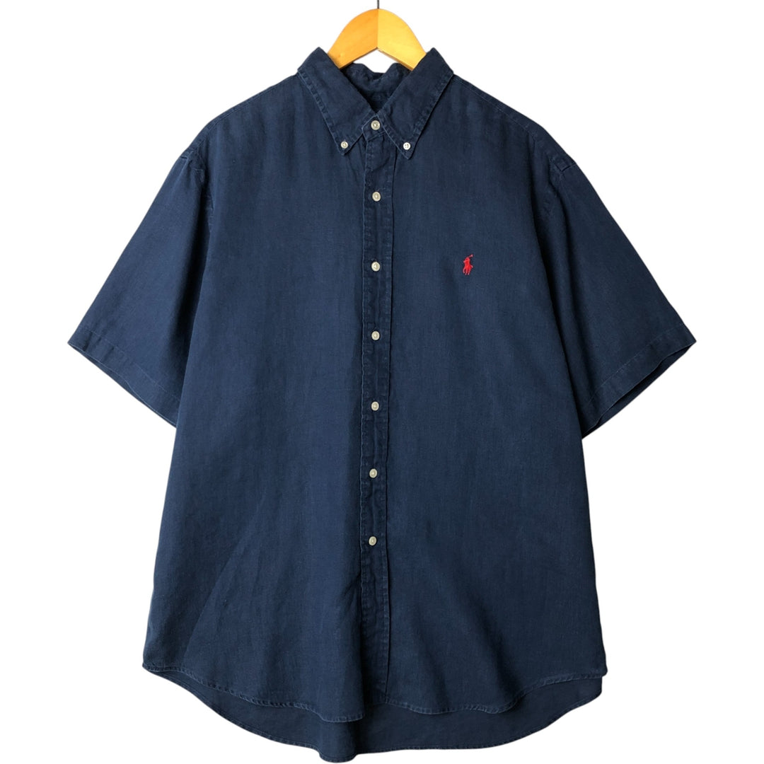 Ralph Lauren Classic Fit short sleeve linen button down shirt, men's size XL linen navy blue type Vintage Second Hand