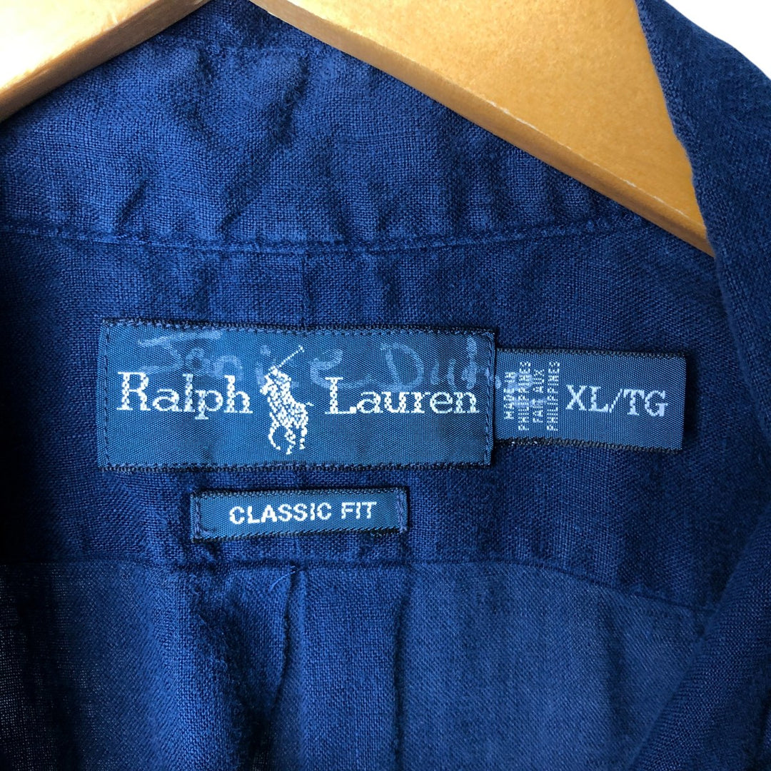 Ralph Lauren Classic Fit short sleeve linen button down shirt, men's size XL linen navy blue type Vintage Second Hand