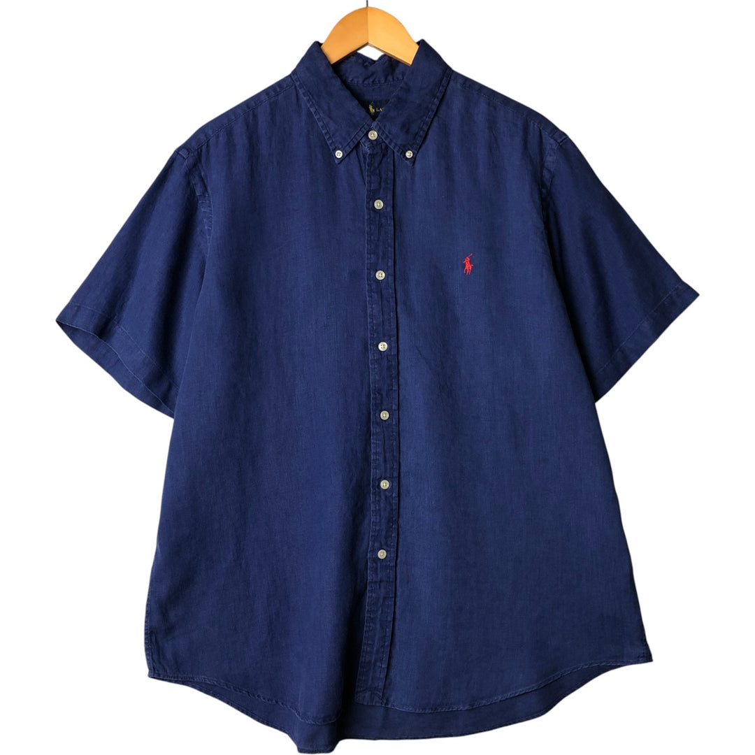 Ralph Lauren short sleeve linen button down shirt, men's size XL linen navy blue type Vintage Second Hand
