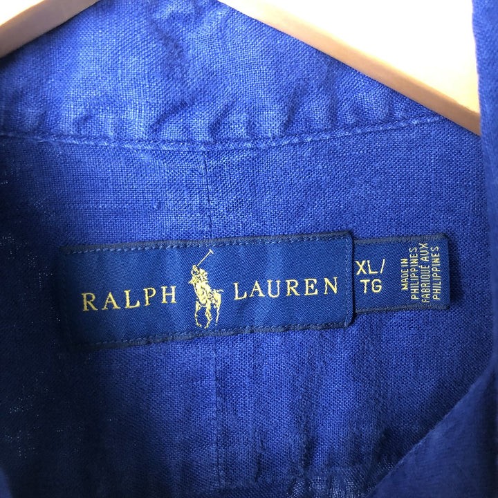 Ralph Lauren short sleeve linen button down shirt, men's size XL linen navy blue type Vintage Second Hand