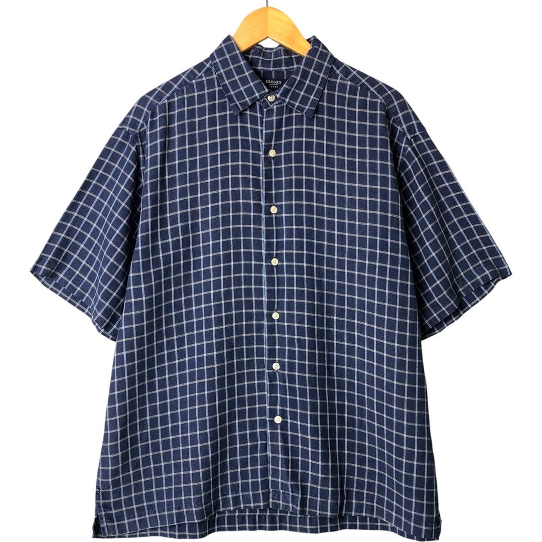 Brooks Check Pattern Short Sleeve Linen Box Shirt, Men's Size L linen navy blue type Vintage Second Hand