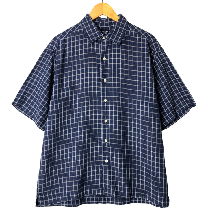 Brooks Check Pattern Short Sleeve Linen Box Shirt, Men's Size L linen navy blue type Vintage Second Hand