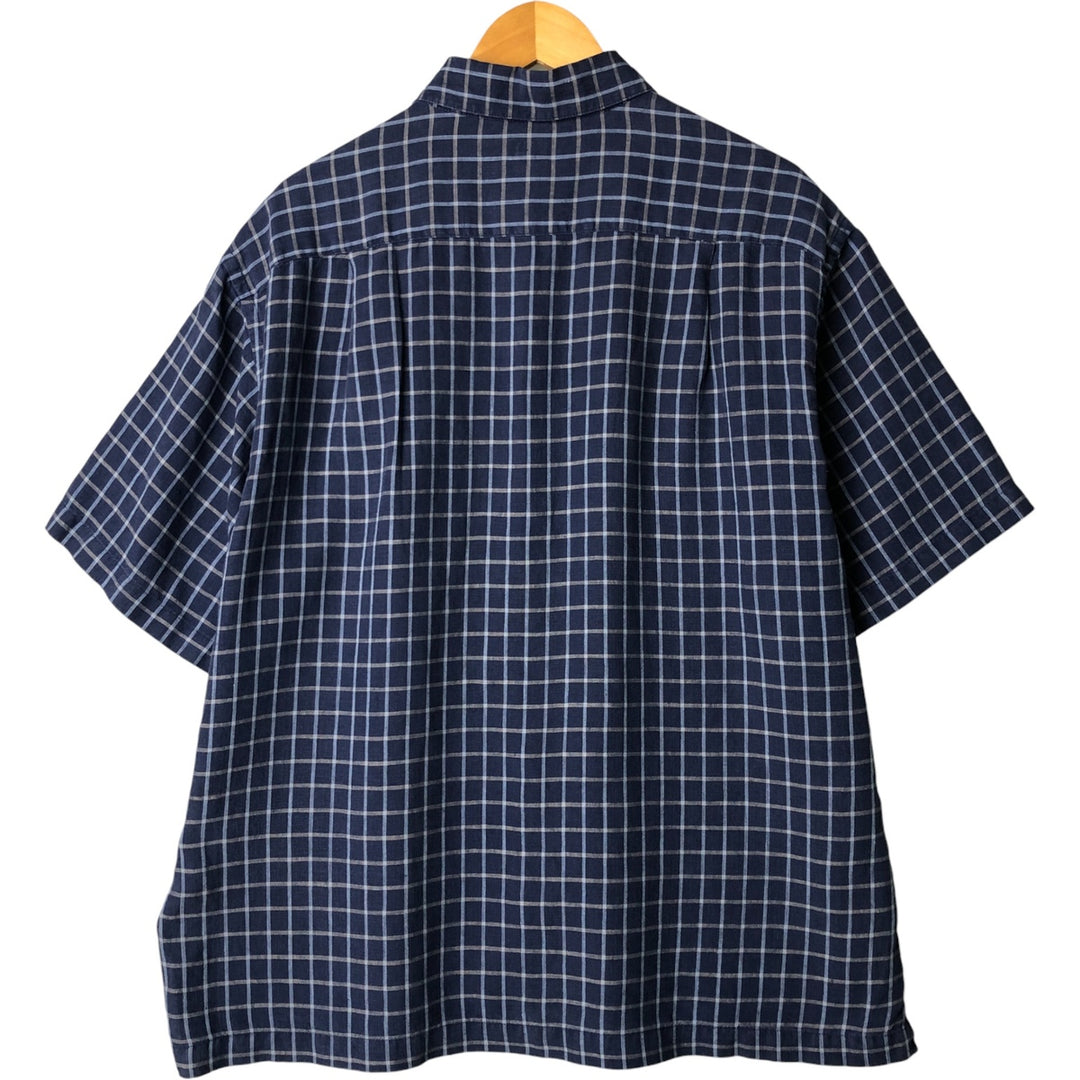Brooks Check Pattern Short Sleeve Linen Box Shirt, Men's Size L linen navy blue type Vintage Second Hand