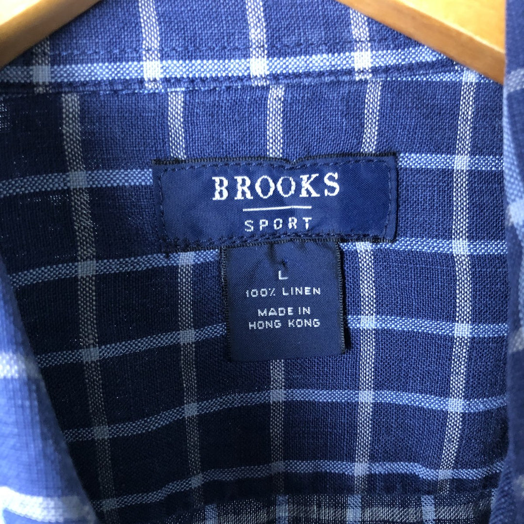 Brooks Check Pattern Short Sleeve Linen Box Shirt, Men's Size L linen navy blue type Vintage Second Hand
