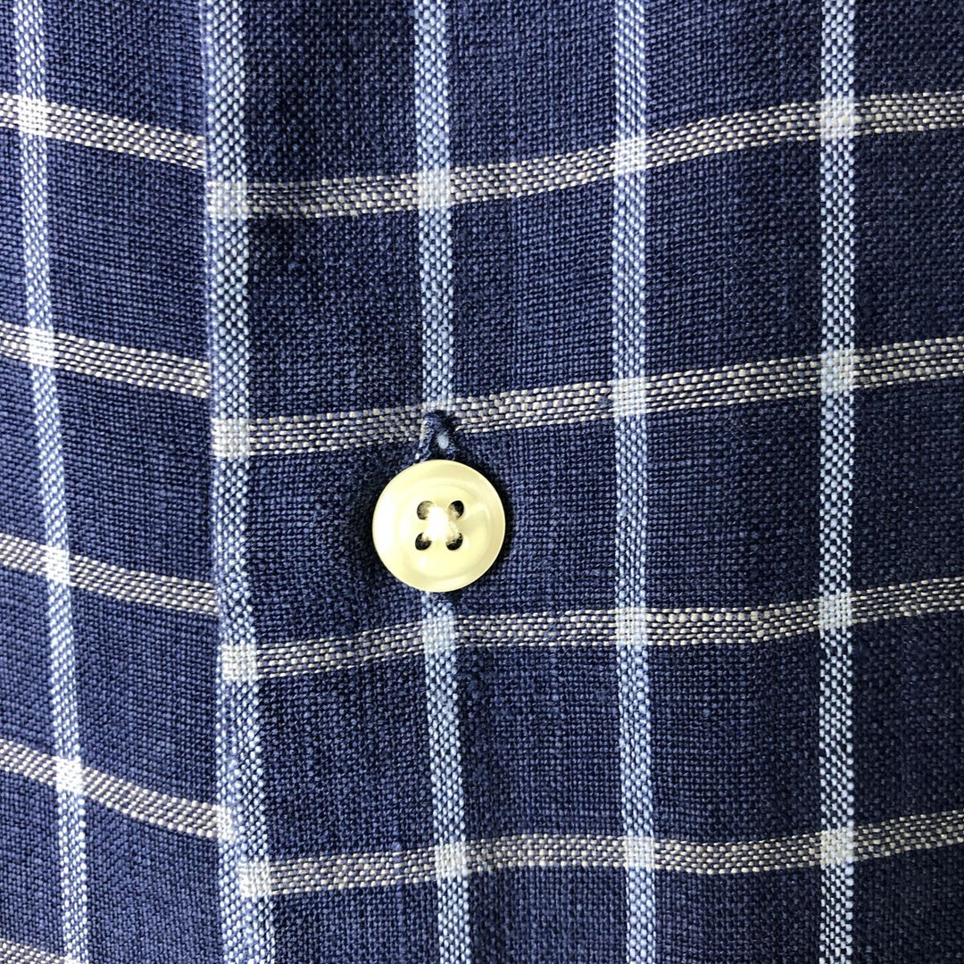 Brooks Check Pattern Short Sleeve Linen Box Shirt, Men's Size L linen navy blue type Vintage Second Hand