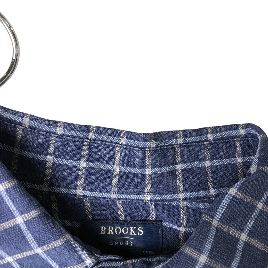 Brooks Check Pattern Short Sleeve Linen Box Shirt, Men's Size L linen navy blue type Vintage Second Hand