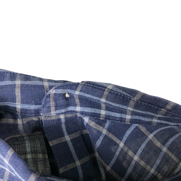 Brooks Check Pattern Short Sleeve Linen Box Shirt, Men's Size L linen navy blue type Vintage Second Hand