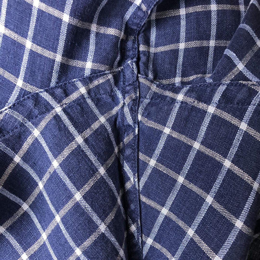 Brooks Check Pattern Short Sleeve Linen Box Shirt, Men's Size L linen navy blue type Vintage Second Hand