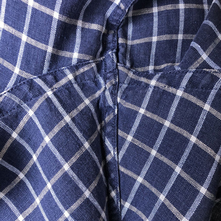 Brooks Check Pattern Short Sleeve Linen Box Shirt, Men's Size L linen navy blue type Vintage Second Hand