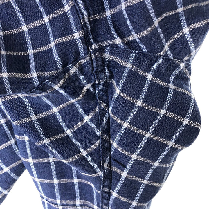 Brooks Check Pattern Short Sleeve Linen Box Shirt, Men's Size L linen navy blue type Vintage Second Hand