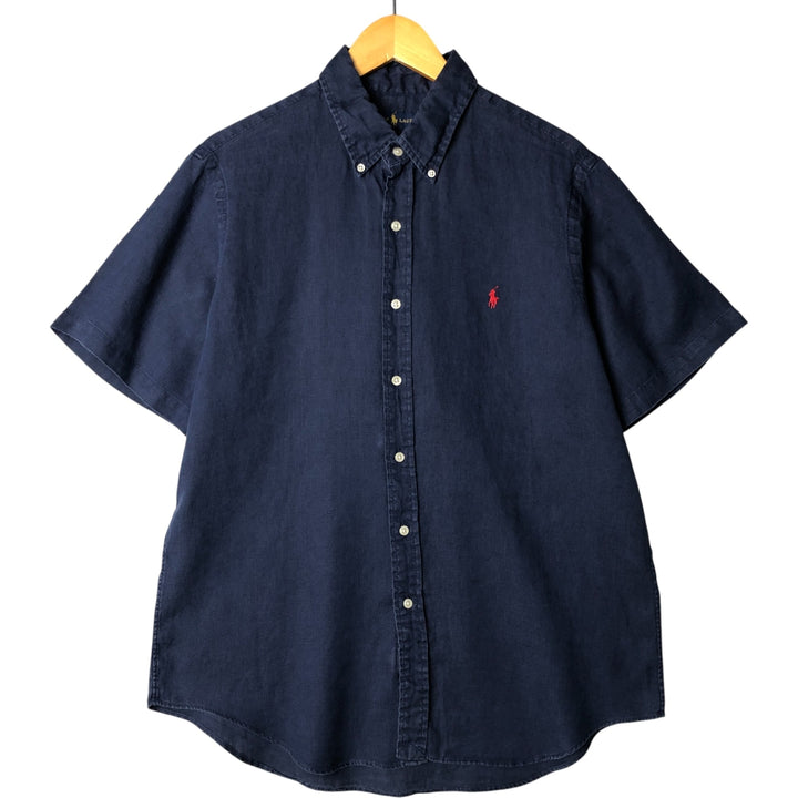 Ralph Lauren short sleeve linen button down shirt, men's size L linen navy blue type Vintage Second Hand