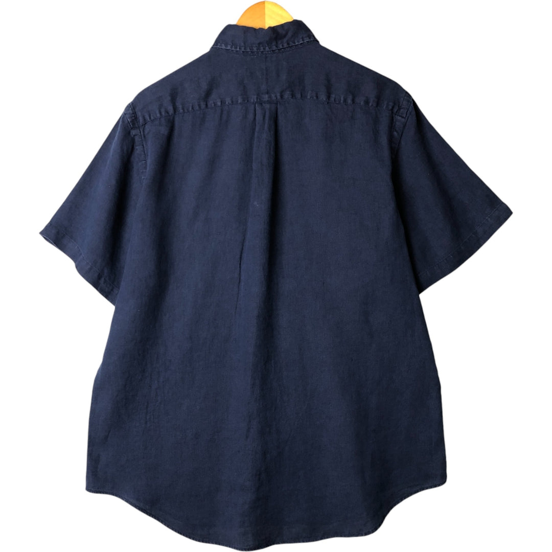Ralph Lauren short sleeve linen button down shirt, men's size L linen navy blue type Vintage Second Hand